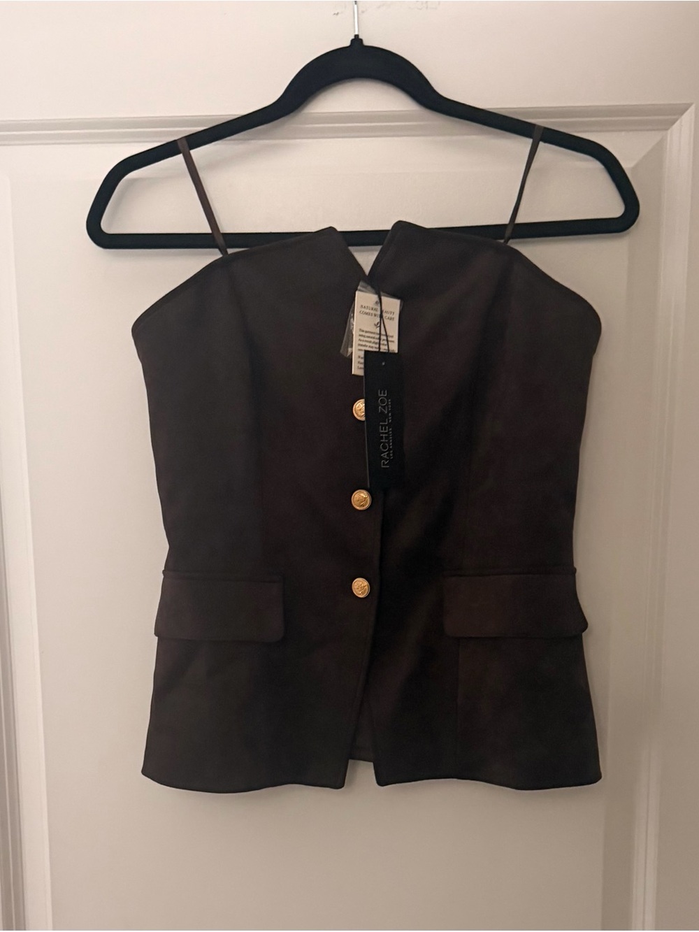Rachel Zoe Brown Faux-Suede Sleeveless Blazer with Gold Buttons - Picture 1 of 9